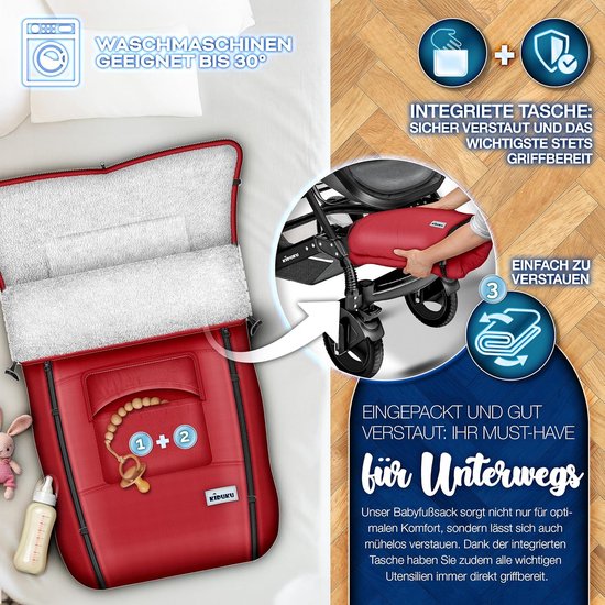 Wintervoetenzak voor Kinderwagen en Buggy - Wasbare Babyvoetenzak met Rits en Tas - Rood — afbeelding 5