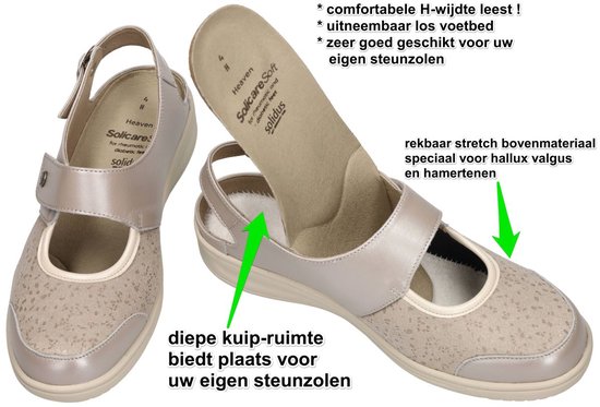 Twee beige ballerina's. Een met tekst: 'rekbaar stretch bovenmateriaal speciaal voor hallux valgus en hamertenen' en 'diepe kuip-ruimte biedt plaats voor uw eigen steunzolen'.