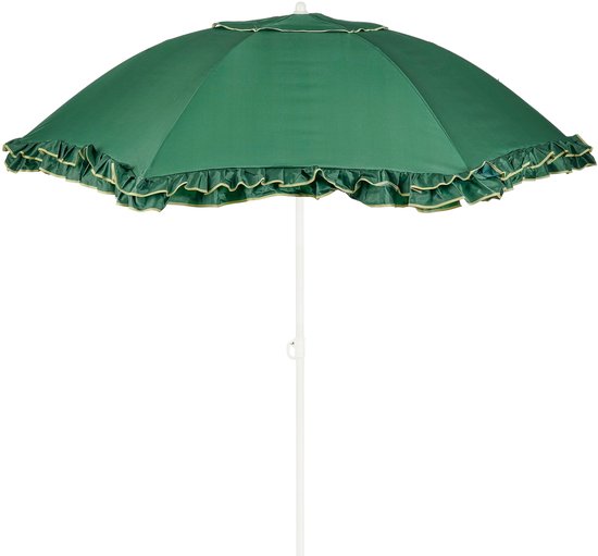 Parasol vert à volants avec un bord crème, sur un mât blanc.