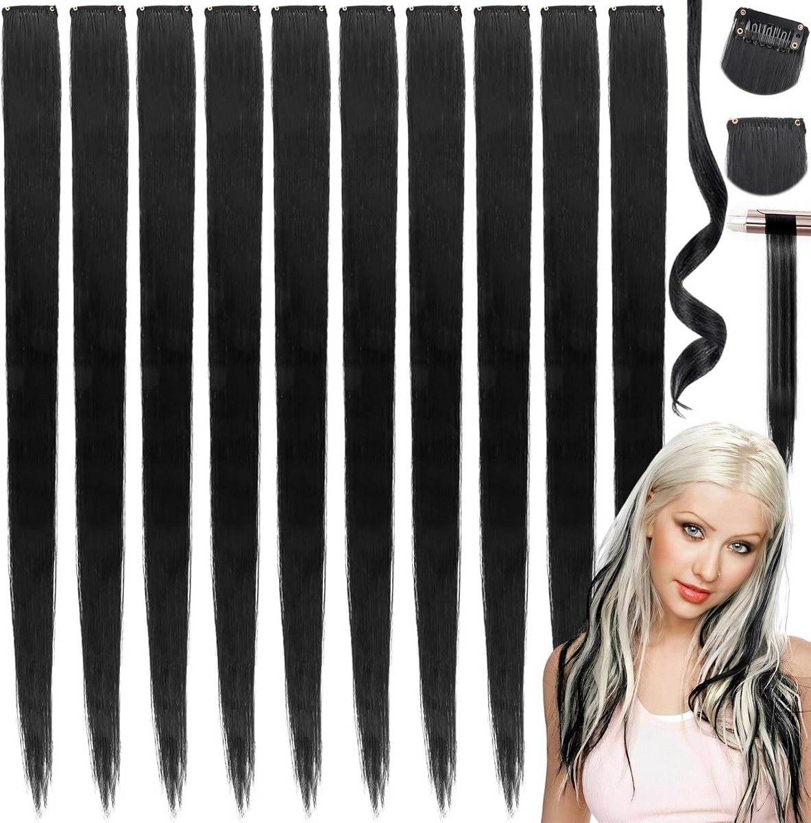 Set van 12 Zwarte Haarextensions met Clips voor Direct Volume en Lengte