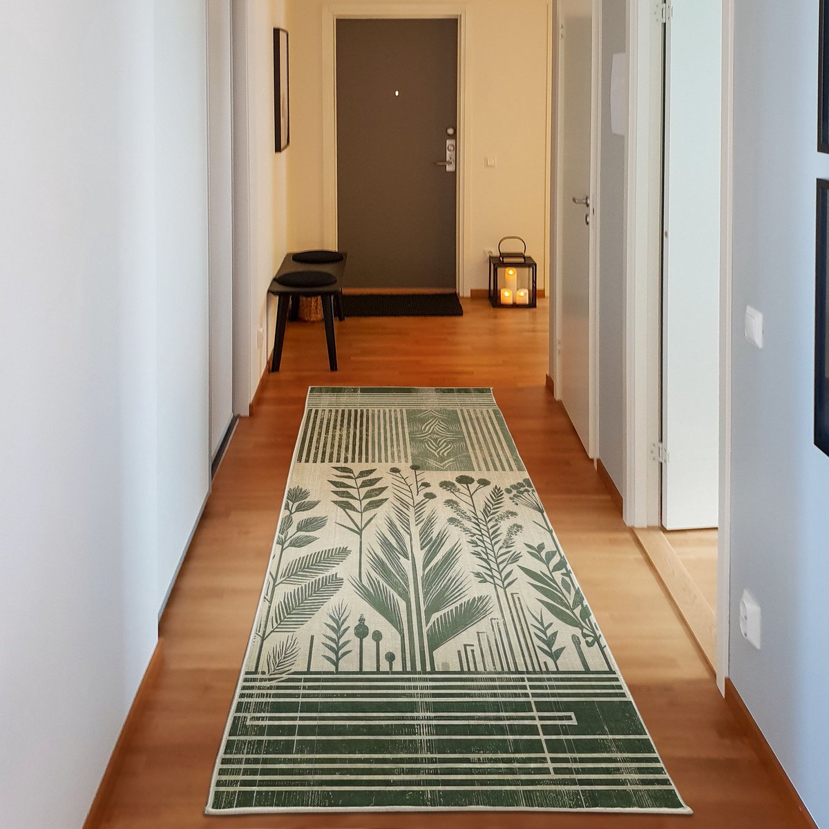 ABAKUHAUS Decoratief vloerkleed met bladmotief, hoogwaardig vloerkleed voor slaapkamer en woonkamer, 76x229 cm, lauriergroen