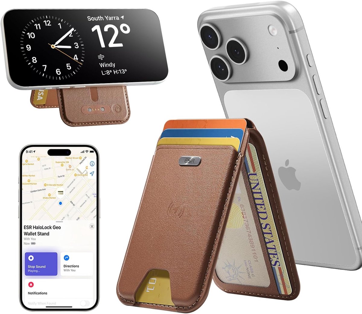 ESR Classic Geo Wallet met Standaard | Pasjeshouder voor 5 pasjes | Compatibel met MagSafe en met Zoek Mijn-App | Bruin