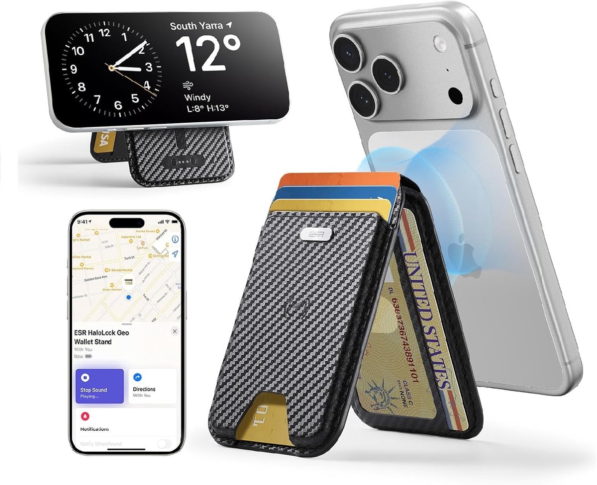 ESR Classic Geo Wallet met Standaard | Pasjeshouder voor 5 pasjes | Compatibel met MagSafe en met Zoek Mijn-App | Carbon Fiber
