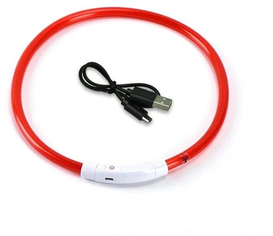 Rode, op maat te knippen LED-halsband voor honden, oplaadbaar via USB, met oplaadkabel.