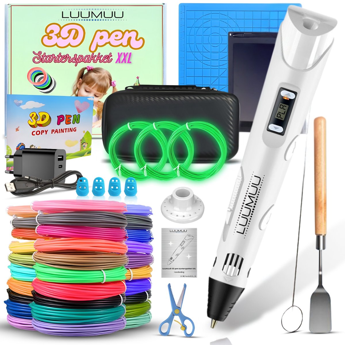 Luumuu® 3D Pen Starterspakket XXL- 3D Tekenen - Incl. 200m Filament Vullingen - Glow In The Dark - Tekenmat - Sjablonen Boek - Tekentablet - 3D Printing Pen Wit - Voor Kinderen - Complete Set