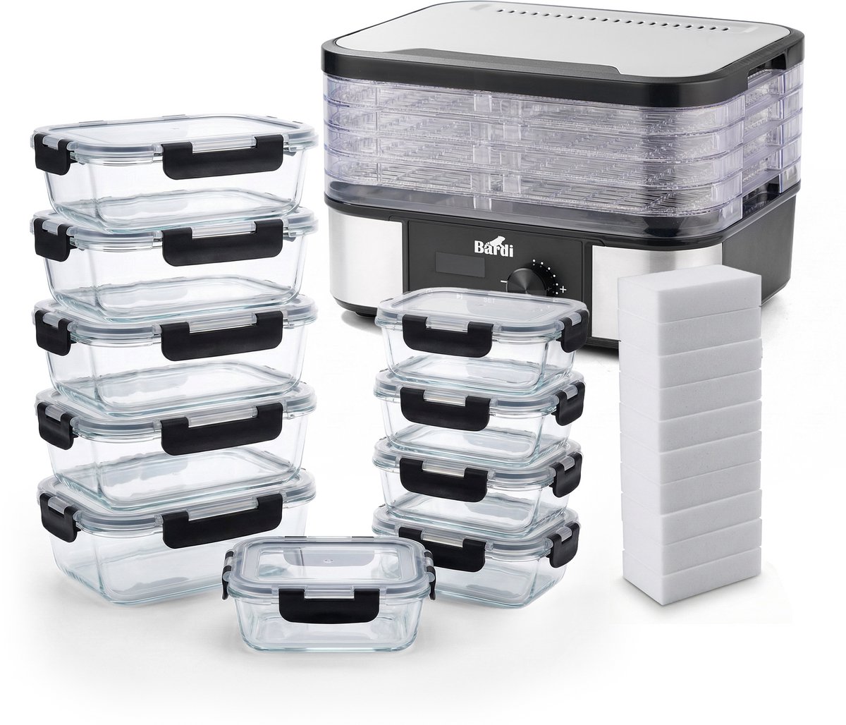 Bardi Professionele Voedseldroger - Elektrisch 350 Watt - 5 Laags RVS Trays - 9 Hitte-niveaus - 35°C tot 75°C - LCD Display - Timer - RVS/Zwart Met 10 delige glazen meal prep bakjes en 10 wondersponzen
