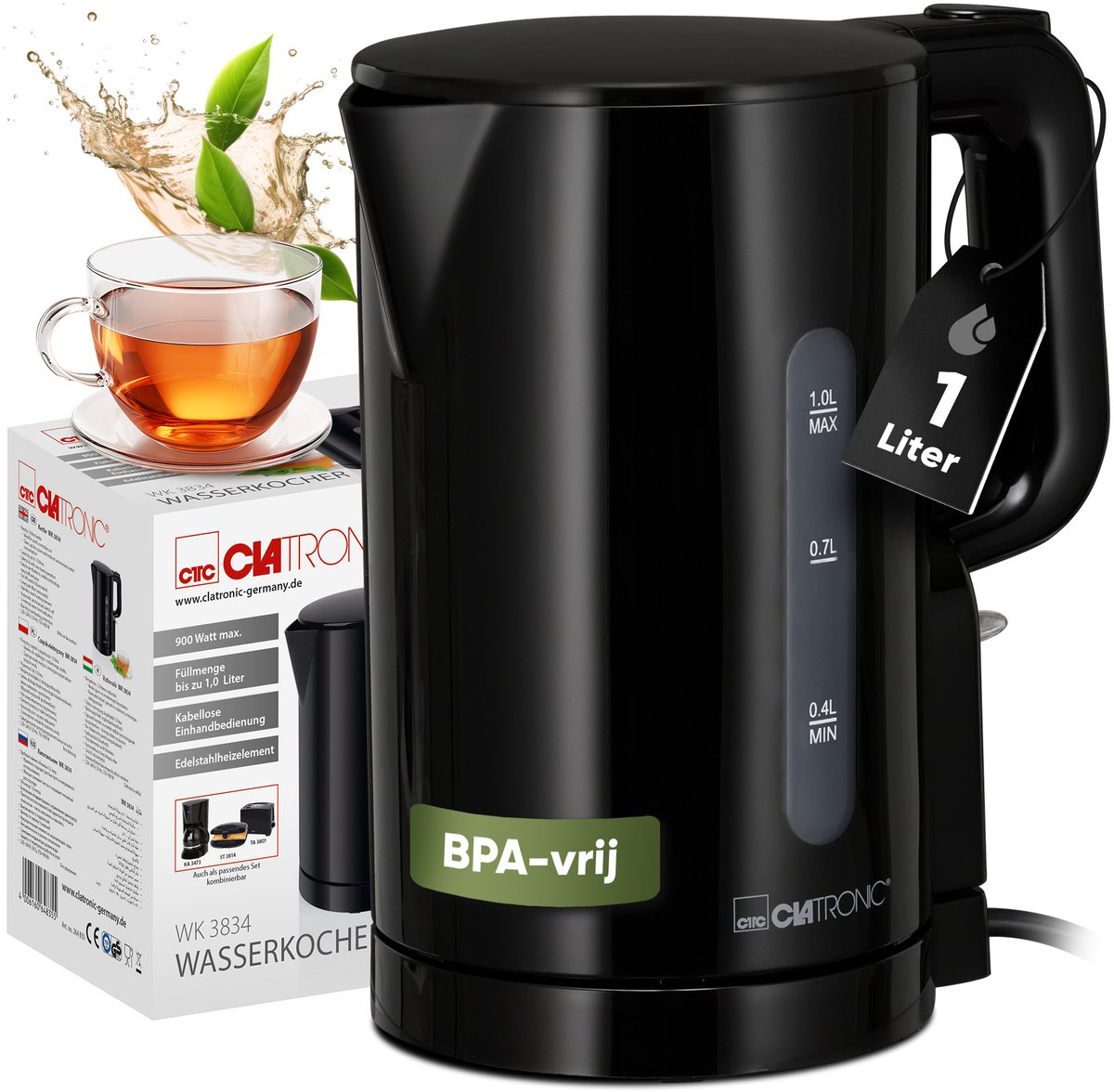 Clatronic WK 3834 - Waterkoker - geschikt voor de Camping - 1 Liter - 900W - Zwart — afbeelding 3