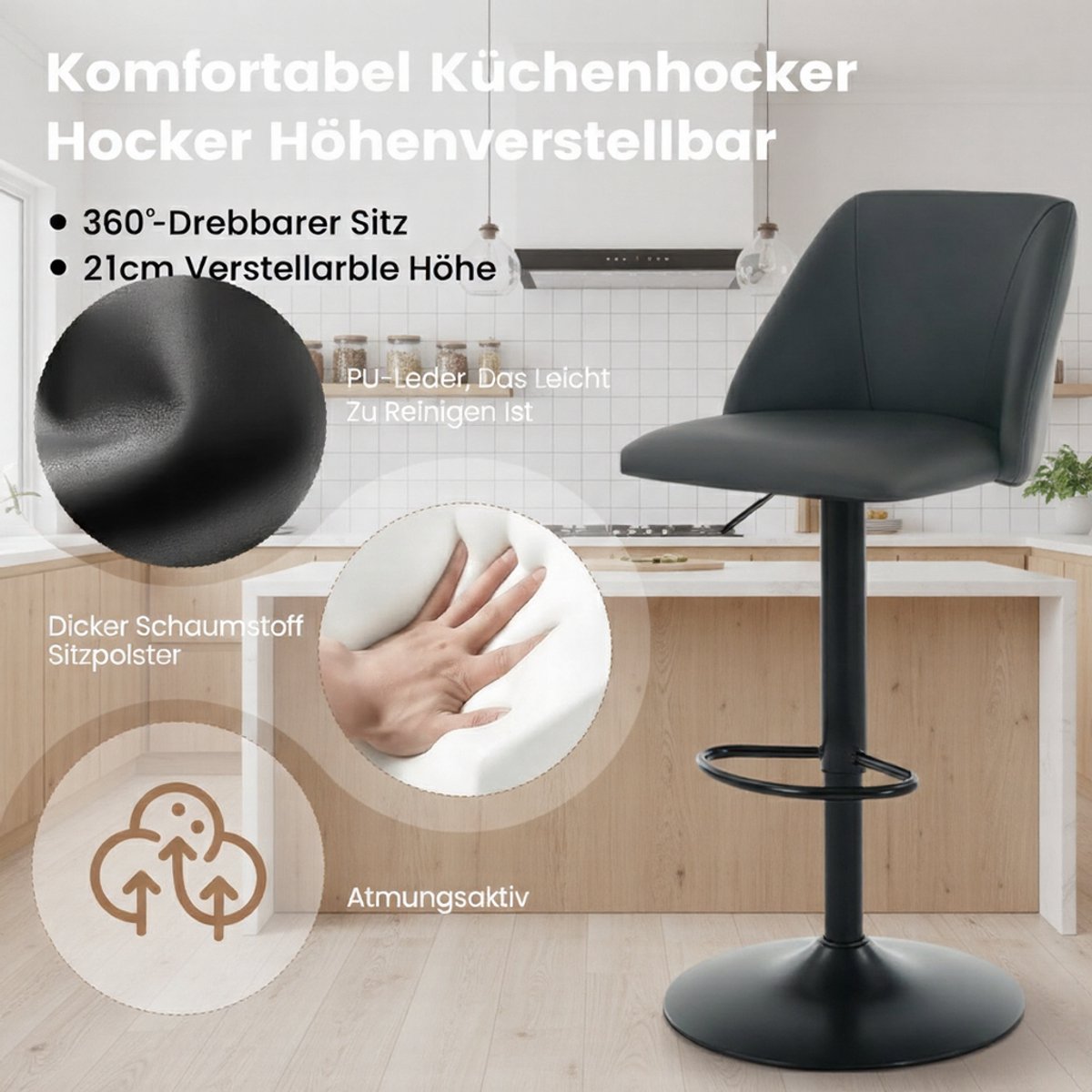 Barkruk Set van 4 – House&Garden Luxe 360° Draaibare Verstelbare Barstoelen met Rugleuning – Zwart PU-Kunstleer, Metalen Frame, Voetsteun – Ideaal voor Keuken, Keukeneiland, Bar, Eetkamer & Kantoor