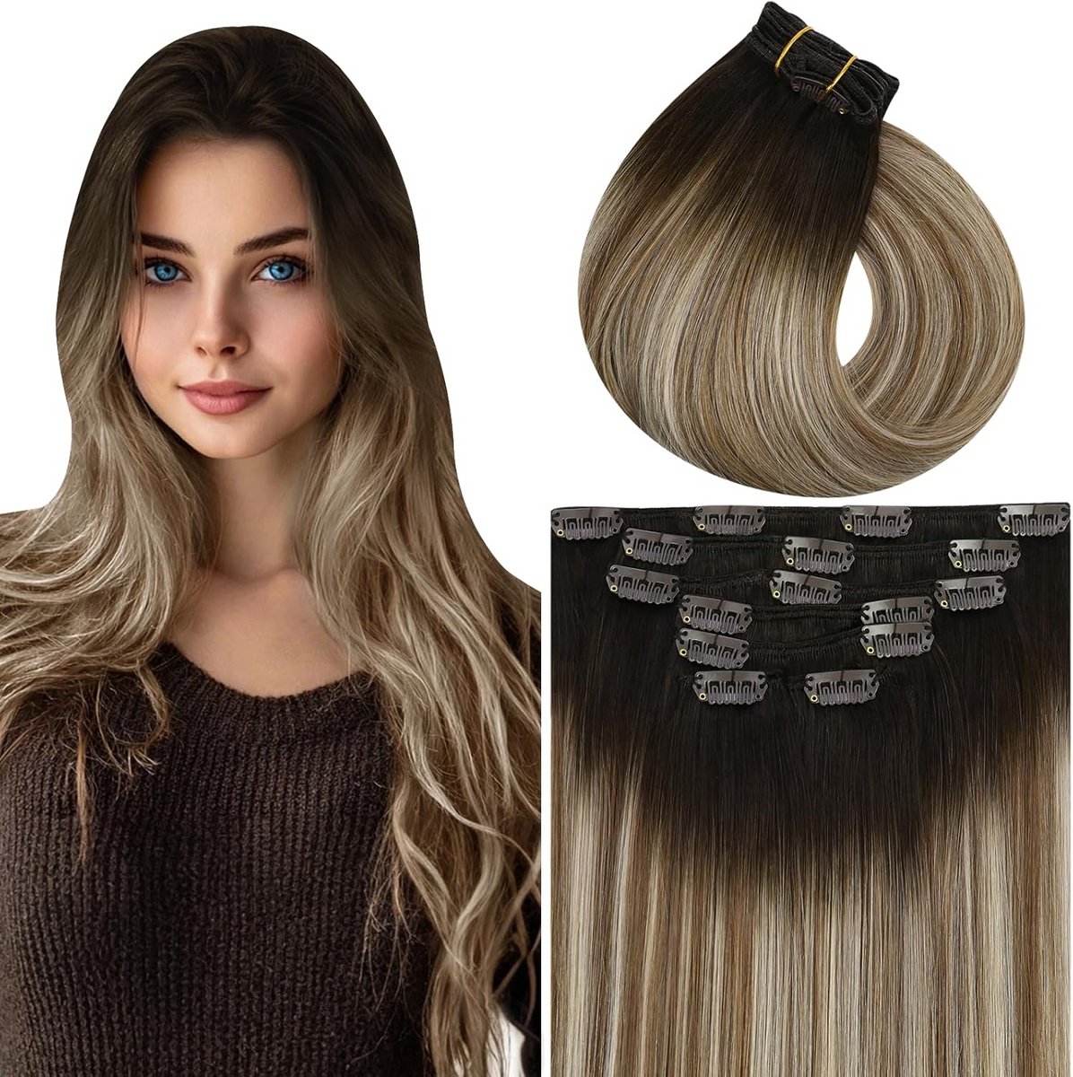 Clip-in Extensions Echt Haar Balayage Donker naar Lichtbruin Ombre 55cm 7 Delig Set