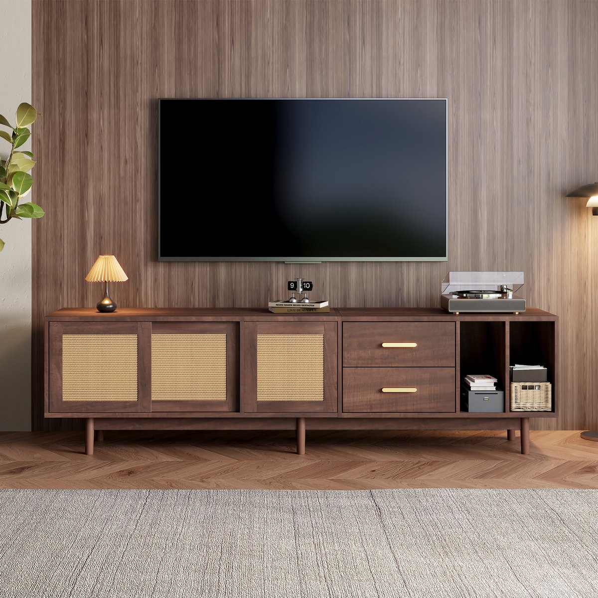 HAUSS SPOLE Tv-Meubel - Breed Lowboard Met Rattan Deuren En 6 Steunpootjes - 3 Deuren 2 Laden 2 Open Vakken Voor 75 Inch Tv - MDF - 190x40x52 cm - Bruin