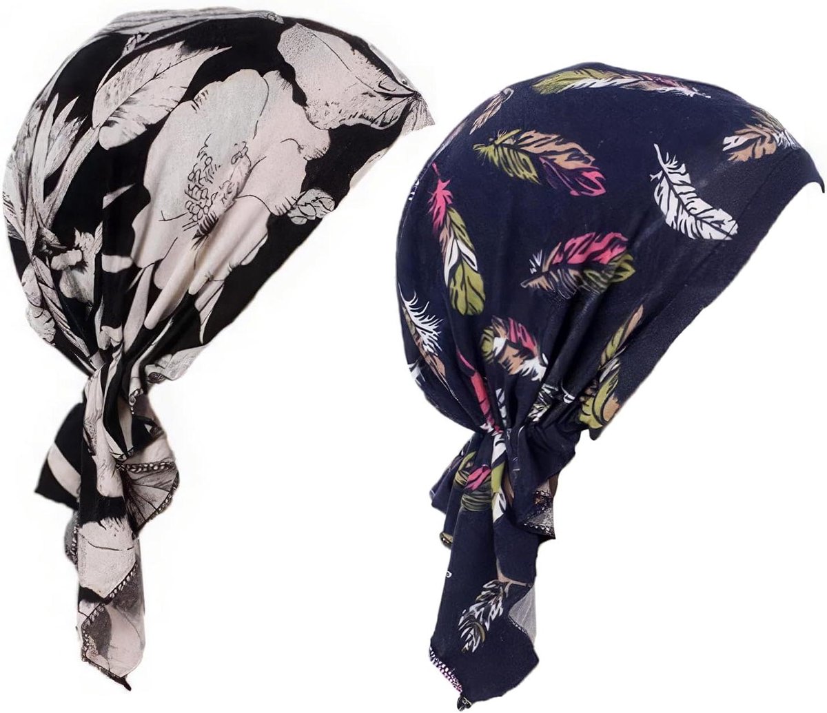 2 stuks nachtmuts voor dames van zacht bamboe in zwart en marineblauw - geschikt bij haaruitval - voorgeknoopt - comfortabel en stijlvol - one size 52-60 cm
