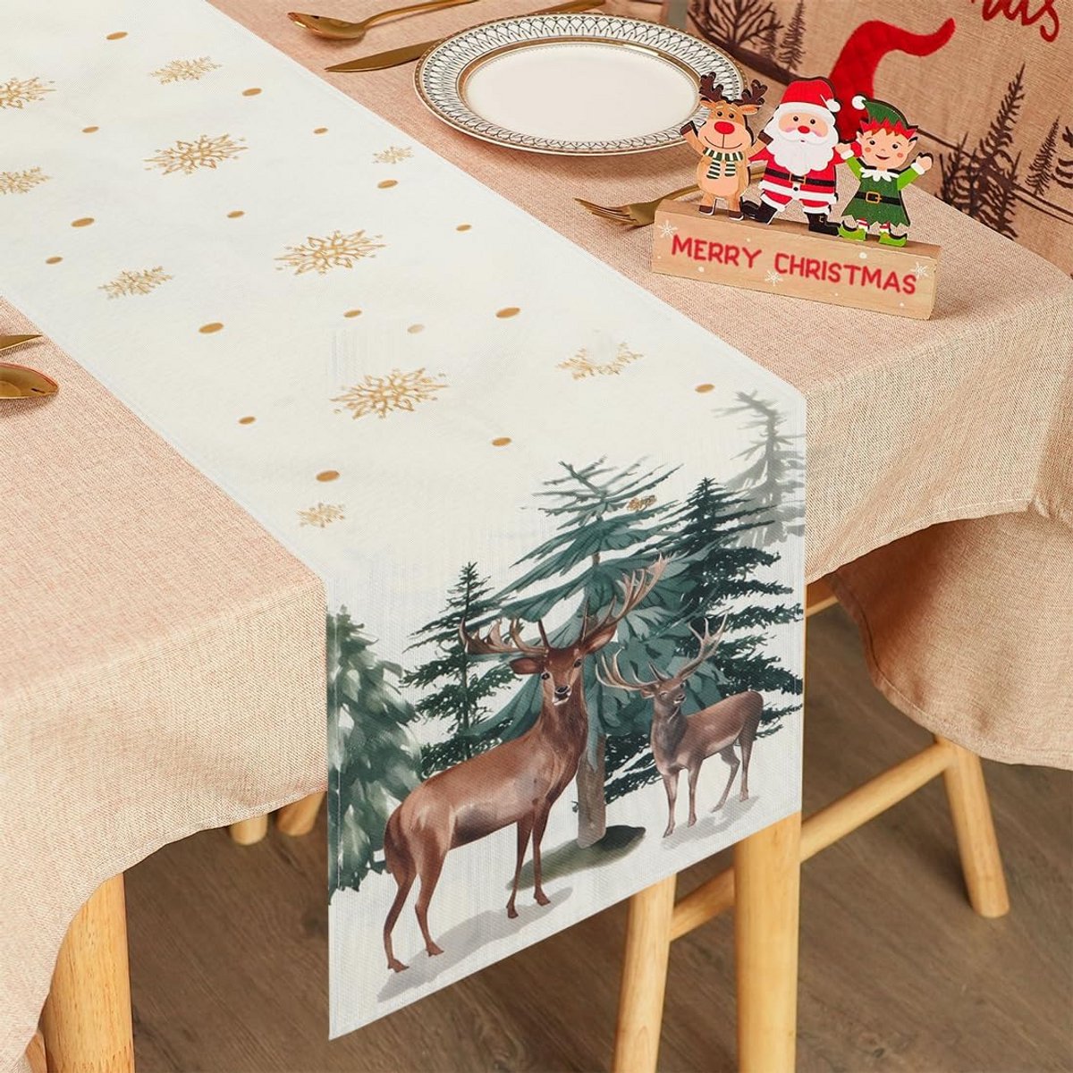 Lange Kerst Tafelloper 33x275 cm - Moderne Winter Decoratie met Rendier Patroon