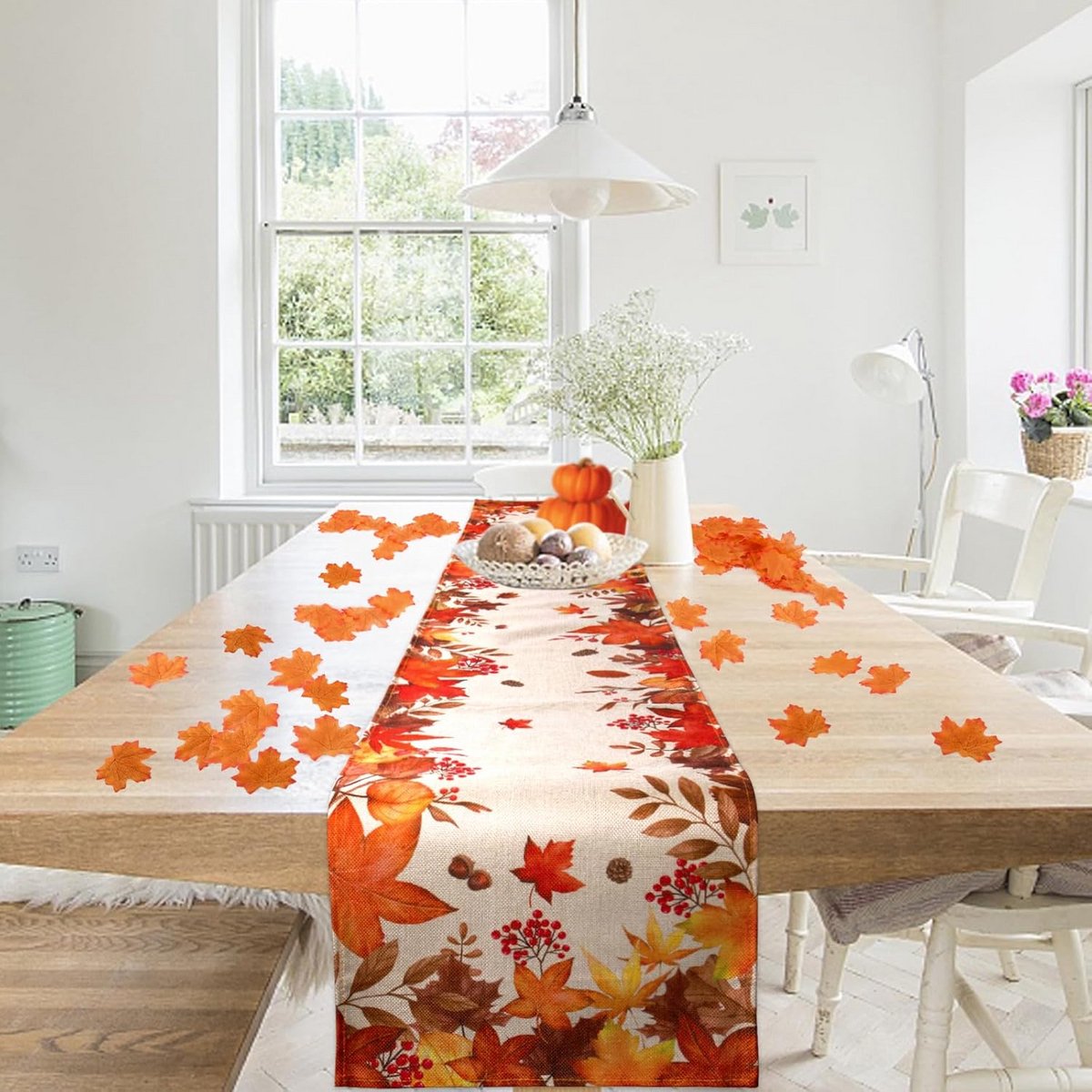 Linnen Tafelloper Herfst Decoratie Set met 50 Kunstmatige Esdoornbladeren