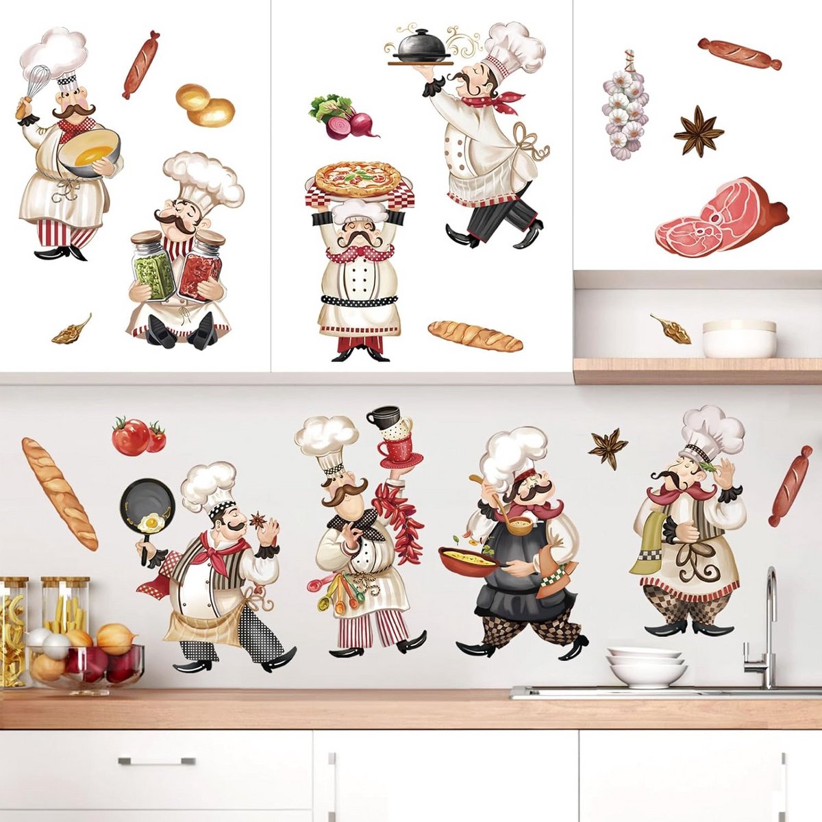 Muurstickers Keuken Chef & Kookgerei - Zelfklevende Keukendecoratie voor Muren en Koelkast