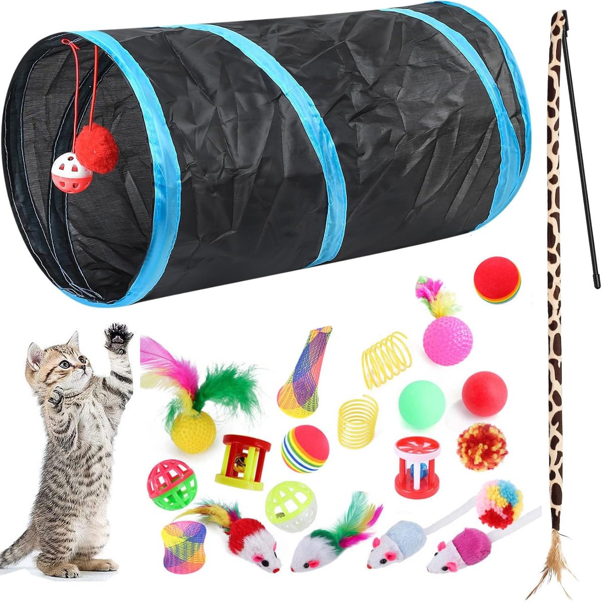 Kattentunnel, opvouwbaar speelgoed voor binnen en buiten, katten- en puppyspeelgoed voor puzzels, beweging, verstoppertje en training. Set kattenspeelgoed met belletje en bal, interactief kattenspeelgoed, simulatievis, kattentunnel.