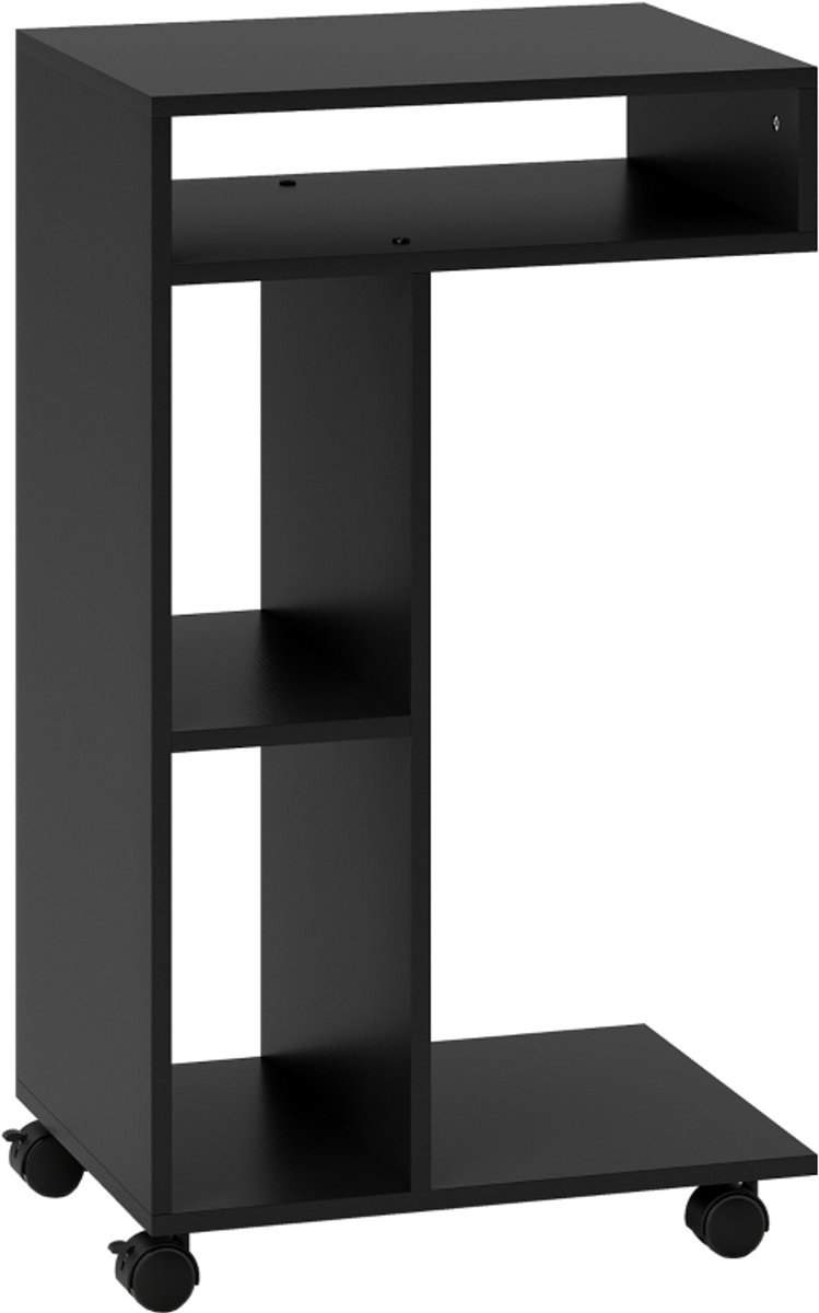 MODFU - Bijzettafel - C-Vormig - Met 3 Vakken En 4 Wielen - Voor Bank Of Bed - Hout - Zwart - 40 X 30 X 69 Cm