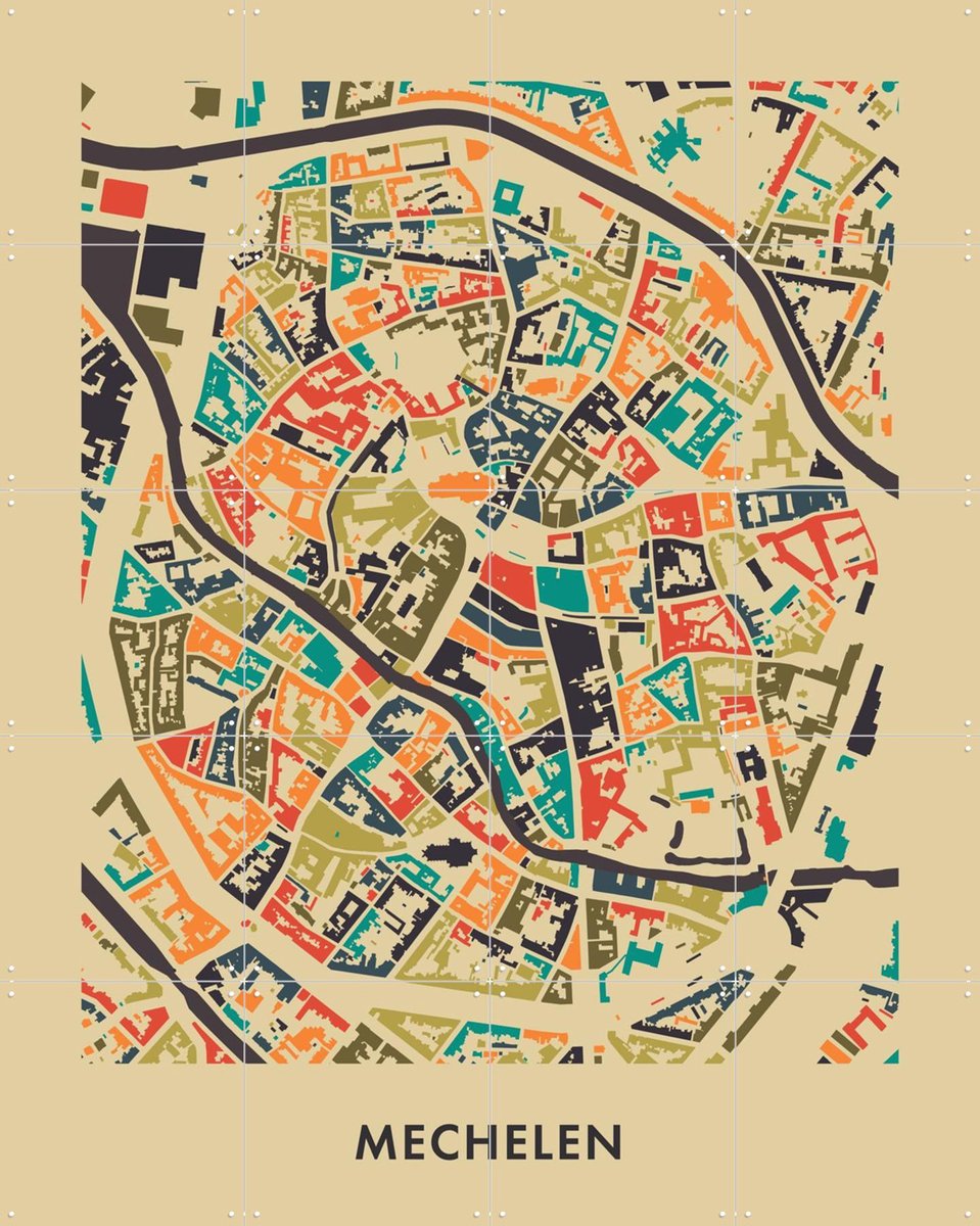 IXXI Mechelen Mosaic Map, Kunst in Kaart - 80 x 100 cm - Gratis ophangtool - Grote wanddecoratie en posters - Modern, Vintage, Kleurrijk, Digitale