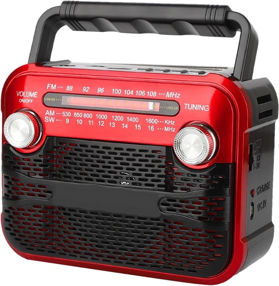 Noodweer Radio - Draagbare Audio - Reizen Kamperen - Zonne Handzwengel - 17x11x13 cm - Rood