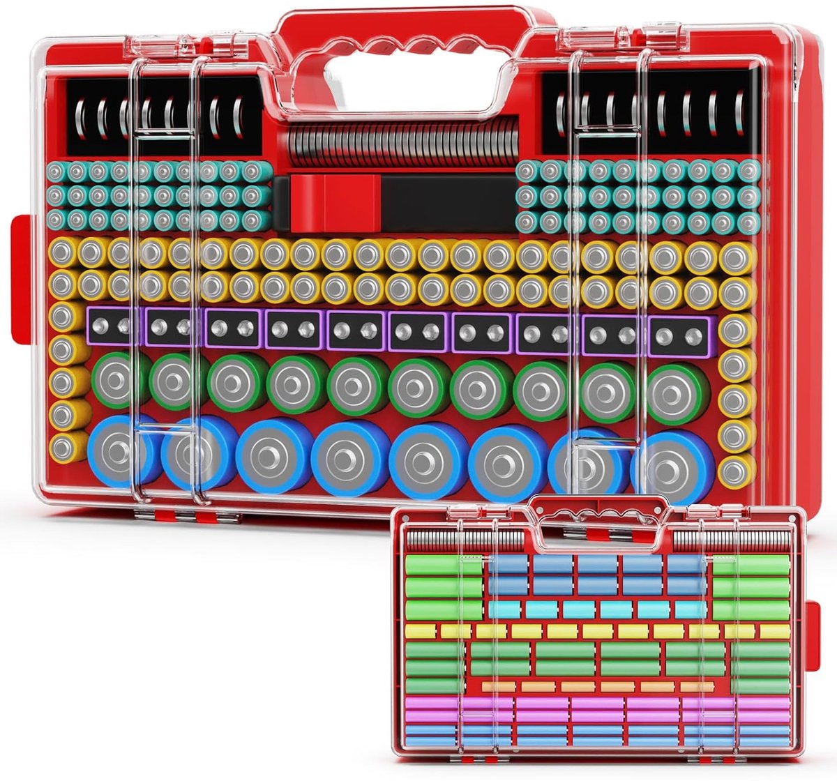 Batterij Organizer - Opbergbox Houder - Batterijen Sorteren - Met Geïntegreerde Tester - 37x10x23 cm - Rood