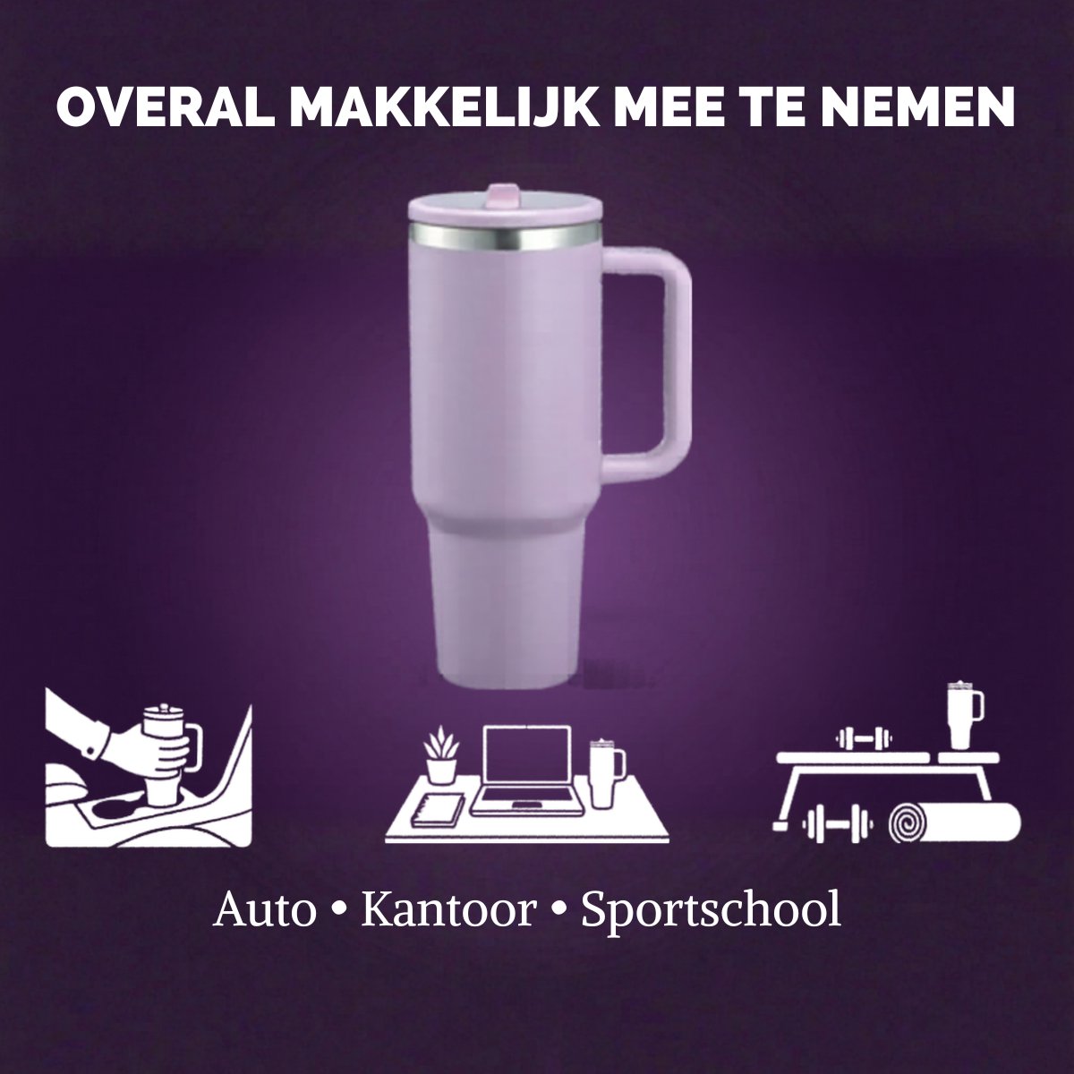 Thermosbeker 40 oz (1,2 Liter) met Rietje - RVS Tumbler - Lavender - Travel Mug - Isoleerbeker voor Koude en Warme Dranken - Lekvrij Design - Roestvrij Staal – foto 2