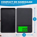 Zwarte digitale weegschaal van 8,7 cm bij 5,8 cm, met een groen display waarop 0.00 gram wordt aangegeven.
