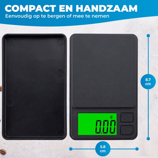 Zwarte digitale weegschaal van 8,7 cm bij 5,8 cm, met een groen display waarop 0.00 gram wordt aangegeven.