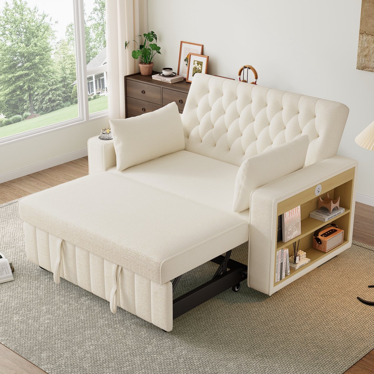 Wishdor Slaapbank - Uitschuifbaar En 3-Standen Verstelbaar - Modern - Voor Woonkamer Of Logeerkamer - Chenille - Beige - 140 X 137 X 84 Cm Beige + Chenille + 2-zits