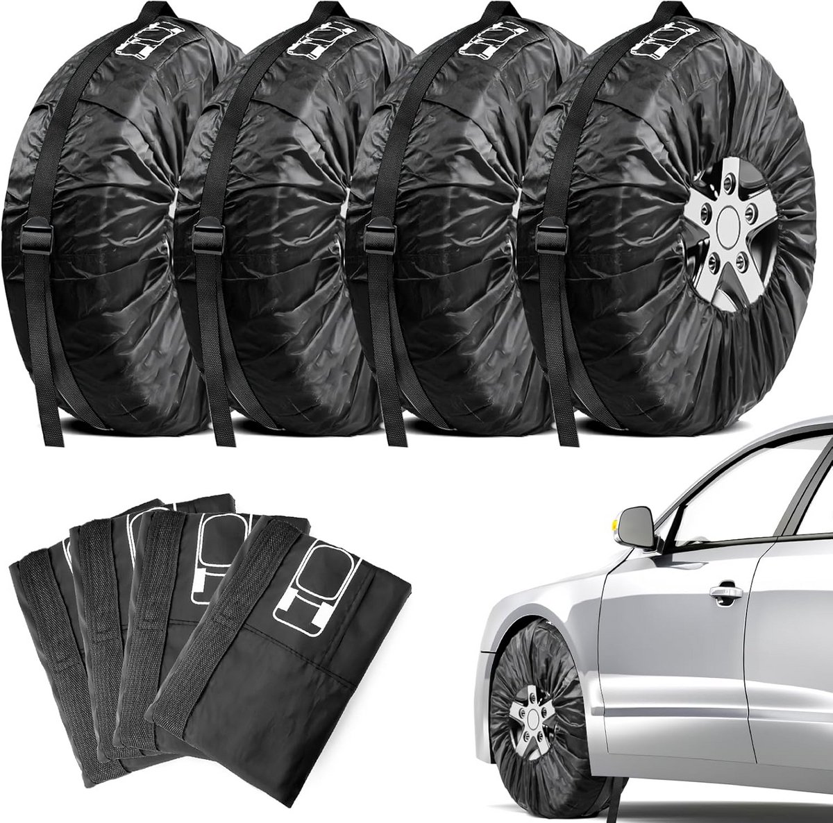 Tyre Covers Set van 4 voor Opberging en Transport - Zwart, 46-55 cm