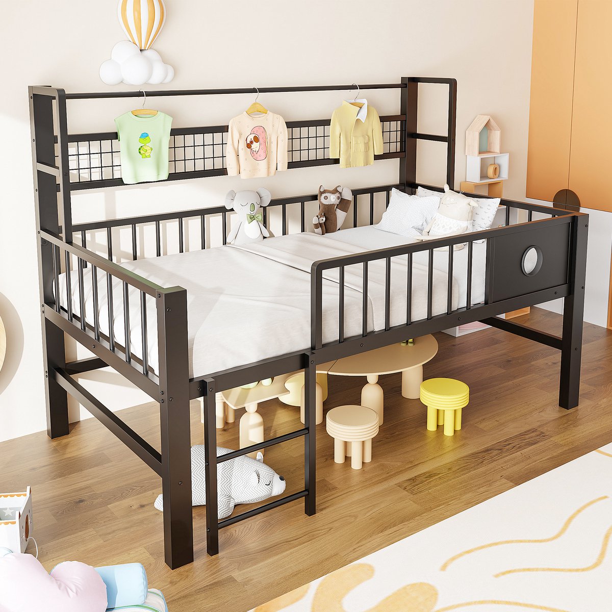 STILVORA Laag Hoogslaper 90x200 cm – Veilig Kinderbed Met Hoge Uitvalbeveiliging – Opbergruimte & Kledingstang – Metaal – Zonder matras – Zwart