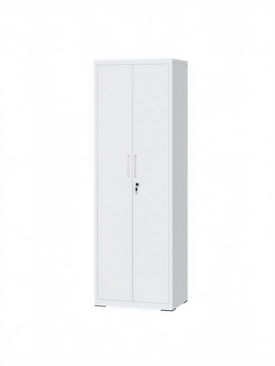 Gesloten witte archiefkast met 2 deuren en een slot.