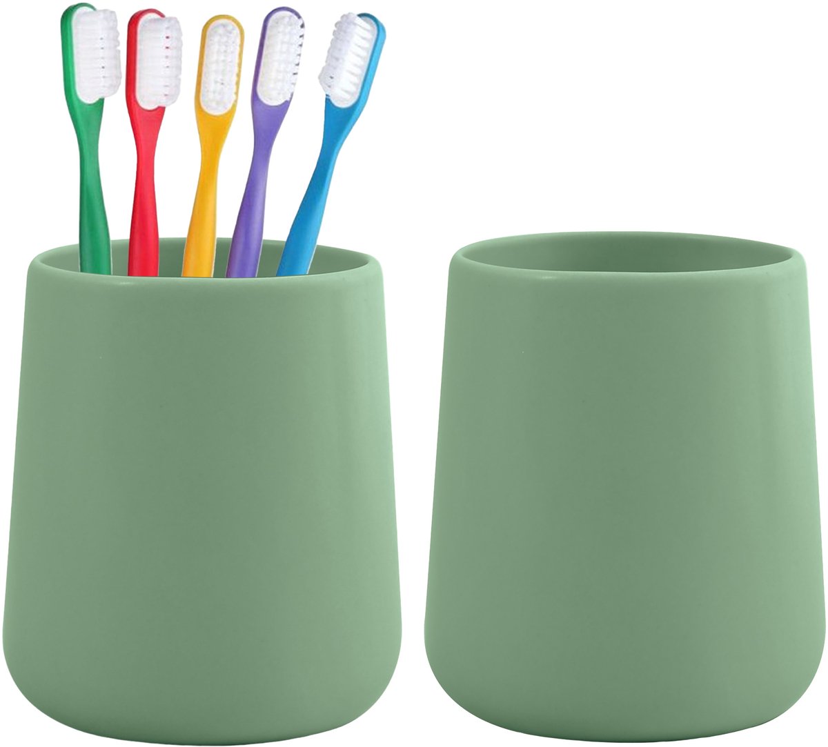 Bathroom Solutions Badkamer beker / tandenborstelhouder Earth Serie - 2x - Keramiek - groen - 8 x 10 cm