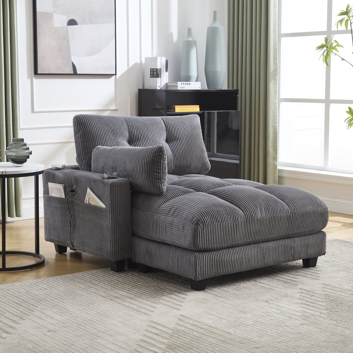 HAUSS SPOLE Fauteuil - Lounge Sessel Met Verwisselbare Armleuningen - Met 2 Bekerhouders & USB-Oplaadpoort - 140x112x81 cm - Corduroy Grijs