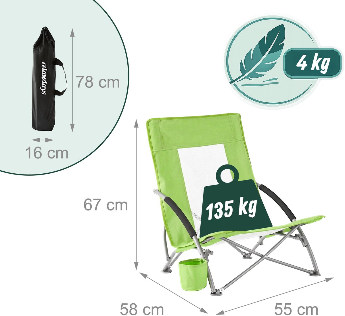 Strandstoel - opvouwbaar - met bekerhouder - groen — cadeau in Sport & Outdoor - foto 7