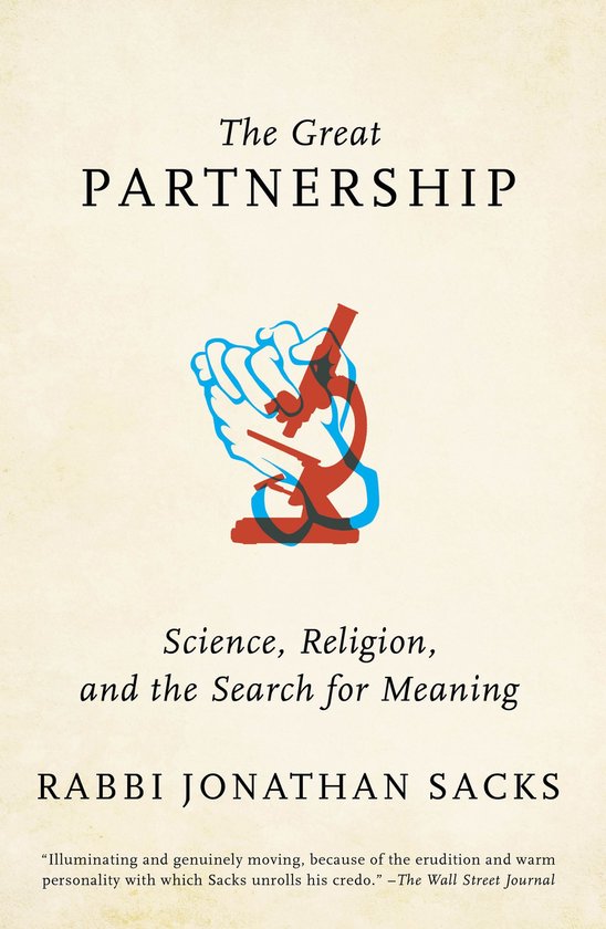 Boekomslag 'The Great Partnership' met rode en blauwe microscoop en handen. Titel 'Science, Religion, and the Search for Meaning' door Rabbi Jonathan Sacks.