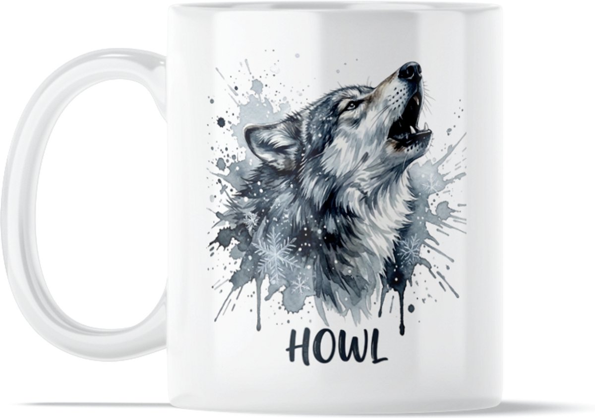 Cadeau voor hem & haar: Vriend, Vriendin & Collega - "Aquarel Series" Mok met Wolf - Tekst Howl - Koffiebeker Kantoor - Mystiek Cadeau Vrouwen - Sneeuw & Wolf Illustratie - Blauwgrijze Waterverf Print - Winter Thema - Spirit Animal Design