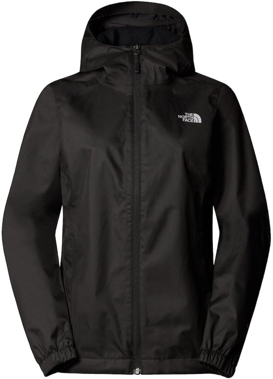 Veste de pluie pour femme The North Face noire, à capuche et avec logo sur la poitrine.