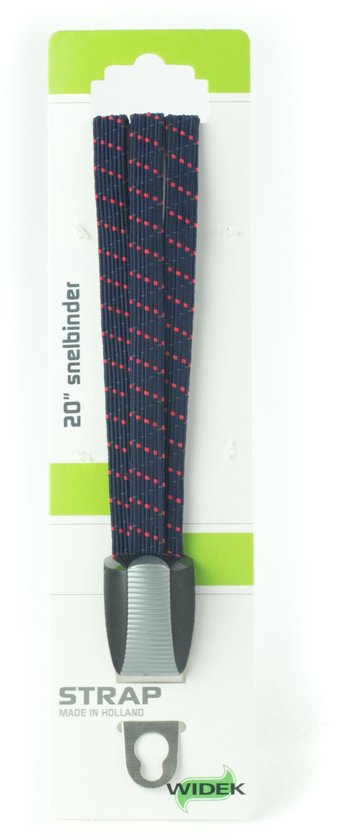 20" snelbinder, donkerblauw met rode stippenpatroon en grijze clip.