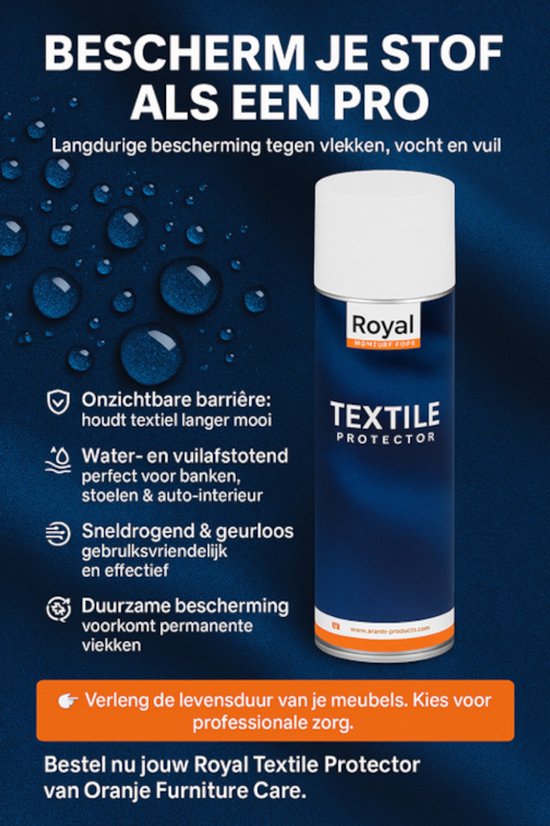 Oranje Furniture Care "Bescherm je stof als een pro". Product met druppels. Tekst: "Langdurige bescherming tegen vlekken, vocht en vuil".
