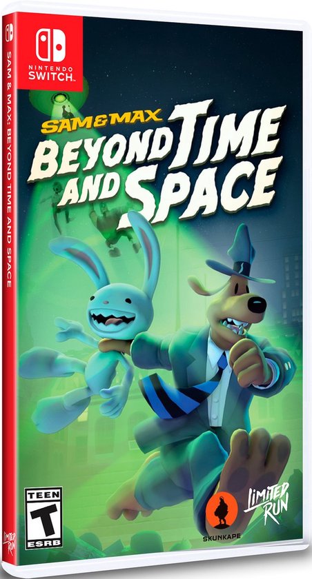 Sam & Max Beyond Time and Space Nintendo Switch gamehoes met Sam in pak en Max het konijn die wegrennen van groen licht.