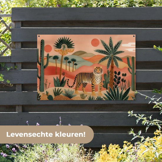 Tuinposter 120x80 cm - Tuindecoratie Tijger - Palmen - Cactus - Oranje - Poster voor in de tuin - Buiten decoratie - Schutting tuinschilderij - Tuindoek muurdecoratie - Wanddecoratie balkondoek