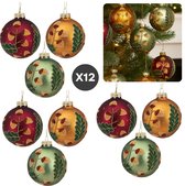 Boules de Noël en Verres Cheqo® - Set de 12 - Boules de Noël mates - Diamètre 8 cm - Goud Vert Or - Décorations pour sapins de Noël - Décorations de Noël - Bouchon doré - Set de Boules de Noël rouges
