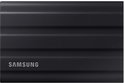 Zwarte Samsung Portable SSD T7 Shield met ribbelpatroon, bovenaanzicht.