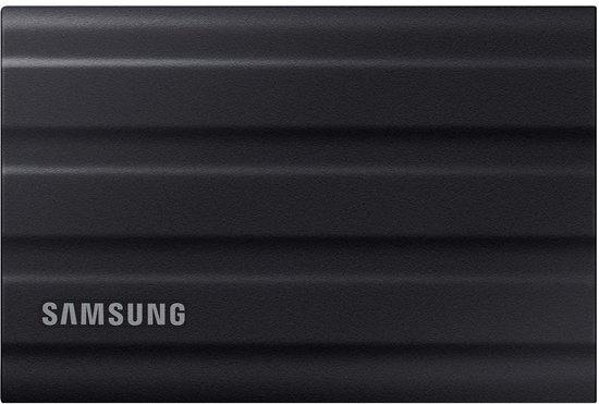 Zwarte Samsung Portable SSD T7 Shield met ribbelpatroon, bovenaanzicht.