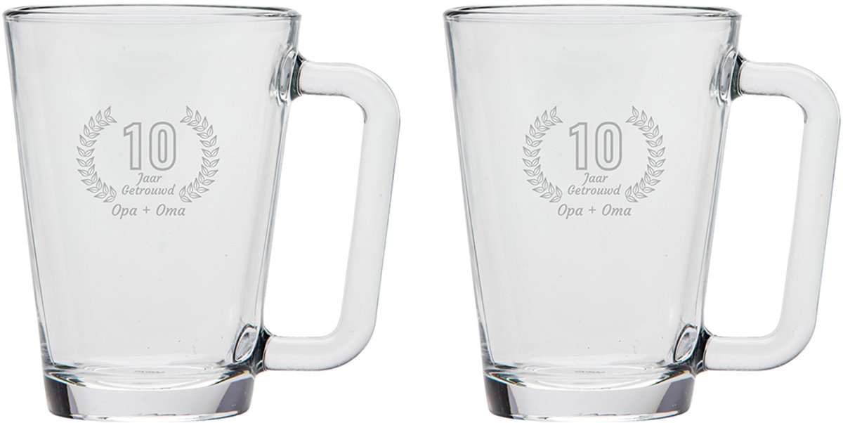 Gegraveerde set Theeglazen 26cl Opa + Oma 10 jaar getrouwd