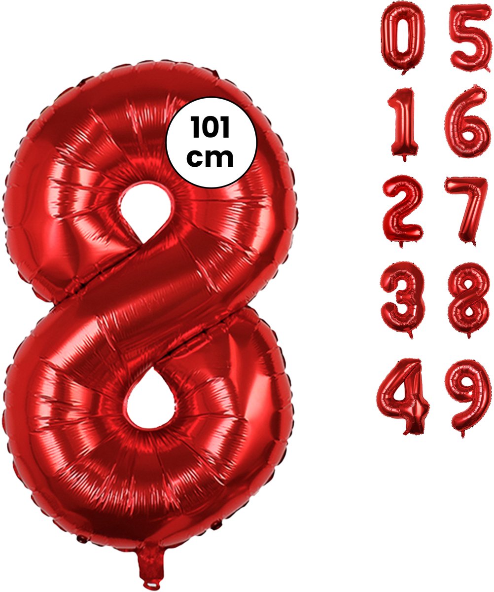 Fienosa Cijfer Ballonnen nummer 8 - Rood - 101 cm - XL Groot - Helium Ballon - Verjaardag Ballon - Leeftijd verjaardag - Verjaardagsballon - Verjaardag