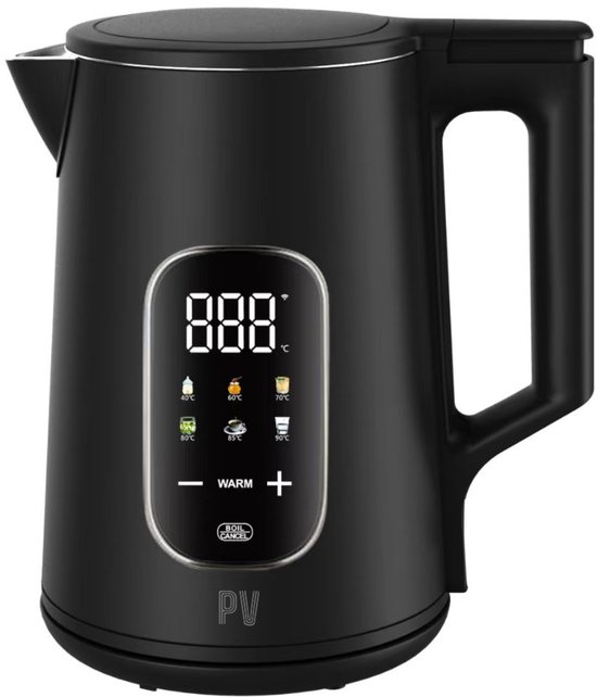 PureVolt Waterkoker met Temperatuurregeling - 1,7L RVS - 2000W - LED Display - Warmhoudfunctie - BPA & PHAS vrij - RVS – Dubbelwandig - Automatische Uitschakeling - Zwart