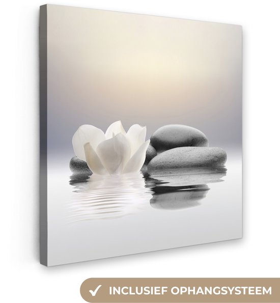 Canvas schilderij 20x20 cm - Wanddecoratie badkamer Stenen - Lotus - Wit - Water - Zen - Muurdecoratie WC - Decoratieve accessoires - Toilet muur decoratie - Schilderijen op canvas