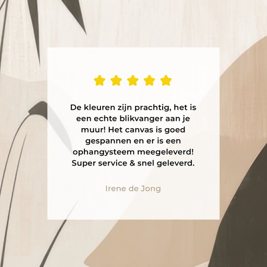 Recensie met 4 sterren over schilderij: 'Prachtige kleuren, blikvanger, goed gespannen, ophangsysteem meegeleverd, snelle service.'