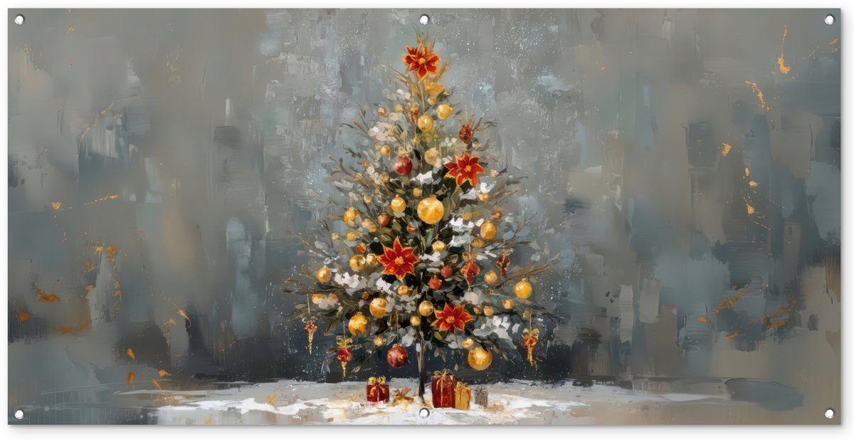 Tuinposter Kerstboom in Rood en Goud voor Buiten - 160x80 cm