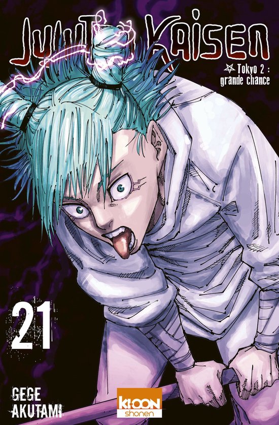 Couverture de manga avec un personnage d'anime aux cheveux bleu clair en deux couettes, sweat à capuche blanc, langue tirée. "Jujutsu Kaisen", "TOKYO 2: grande chance", "21", "GEGE AKUTAMI", "KTOON SHONEN".